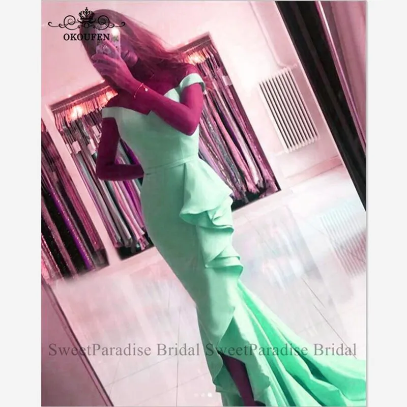 

Mint Green Bridesmaid Dresses Off Shoulder Long Ruffles Mermaid Side Split Vestido Madrinha Wedding Guest Dress Junior For Women