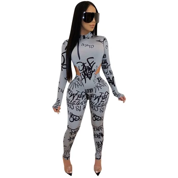 

Zuctuo Letters Print Women Two Piece Set Mock Neck Long Finger Sleeve Bodysuit Top Pencil Pants Fashion Tracksuit Sexy Suits