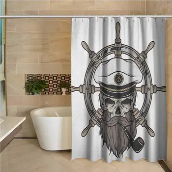 

Skull Odorless Waterproof Shower Curtain Captain Pirate Skull in Sailor Hat with Beard and Pipe Nautical Theme Print Large Home