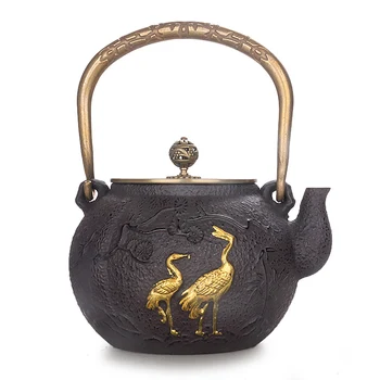 

Japanese cast iron teapot handmade boiling kungfu tea pot turtle crane double copper handle lid Chinese health water kettle 1.3L