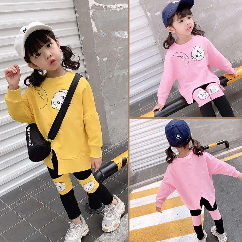 

20 Spring New Style Girls Leisure Sports Suit Loose-Fit Irregular Hoodie Tight Leggings Cartoon Two-Piece Set