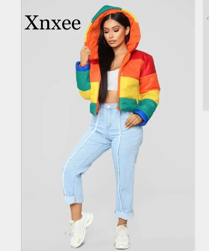 Winter coat short Casual Warm Fashion Rainbow Hooded Full Sleeve Women Slim Thick Regular Wind Outwears jacket thick student