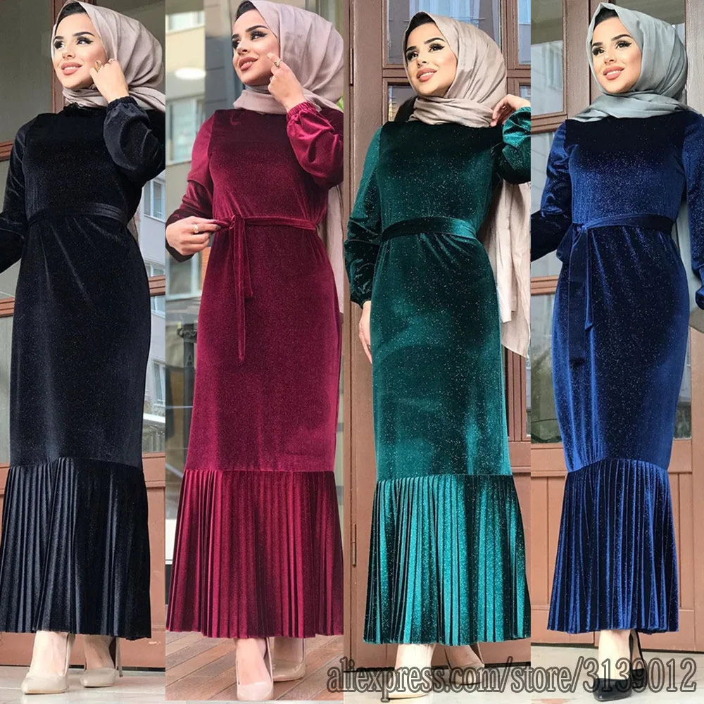 2020 Women Pleated Velvet Abaya Kaftan Dubai Hijab Muslim Dress