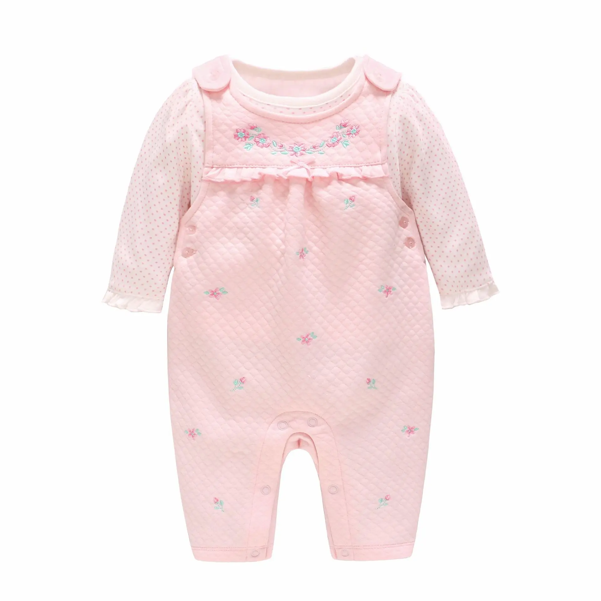 

2019 New Born Baby Girl Clothes Pure Cotton Spring and Autumn New Baby Jumpsuit Pink Embroidery Strap Pants Children's Set