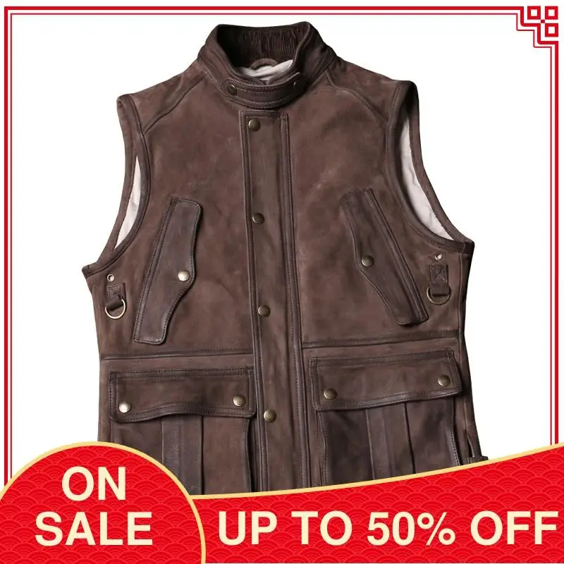 

2020 Dark Brown Retro Safari Style Genuine Leather Vest Men Plus Size 3XL Real Cowhide Spring Slim Fit Natural Leather Vest