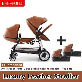 

2020 Europe luxury leather twins stroller multi-function folding high landscape dragon and phoenix brand twins baby stroller