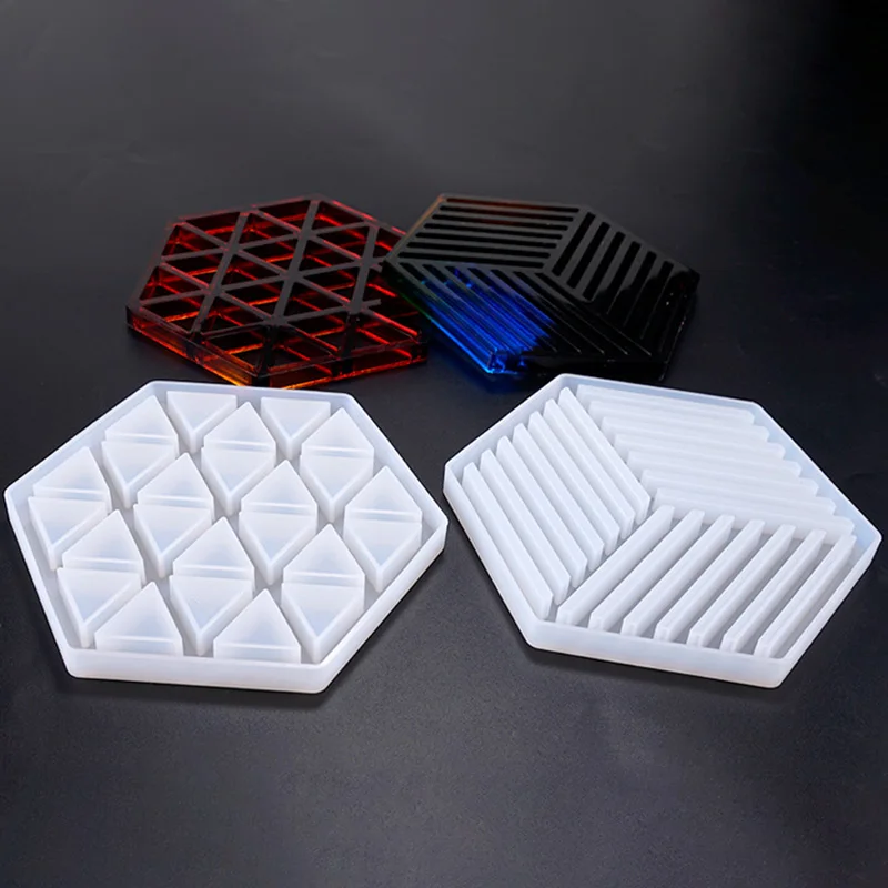 New Silicone Hexagon Shaped Coaster Mold Resin Epoxy Casting Mold DIY Striped Triangle Hollow Coaster Pad Mold Handcraft  Tool