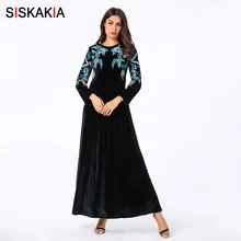 Siskakia повседневные мусульманские платья размера плюс, модное вельветовое длинное платье макси с вышитыми листьями, темно-синее осеннее платье с круглым вырезом и длинным рукавом