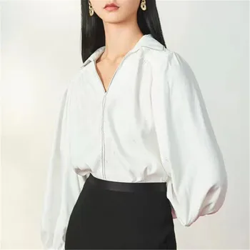 

Spring 2020 new V collar line lantern sleeve shirt loose white chiffon blouse womens tops and blouses korean fashion clothing