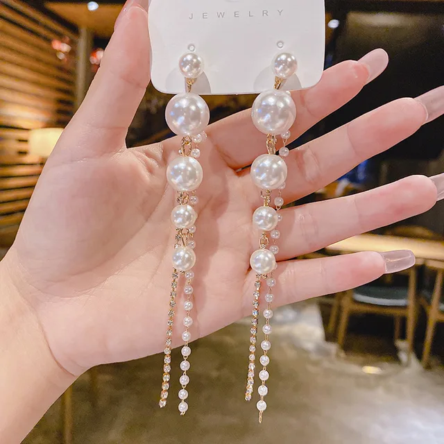 2021 New Arrival Trendy Simulated-pearl Long Tassel Dangle Earrings For Women Fashion Crystal Water Drop Jewelry Gifts 3