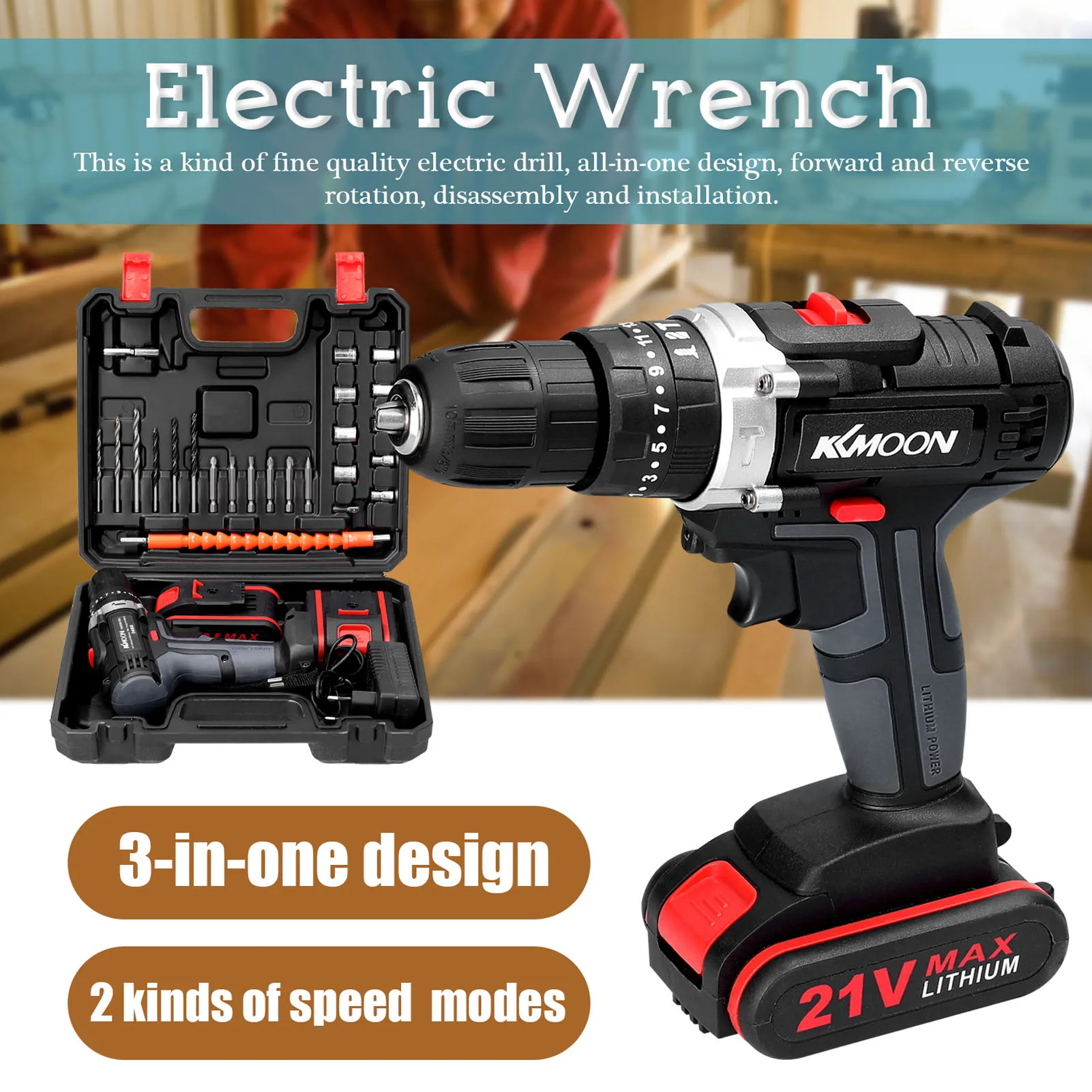 KKMOON 21V Cordless Impact Drill 