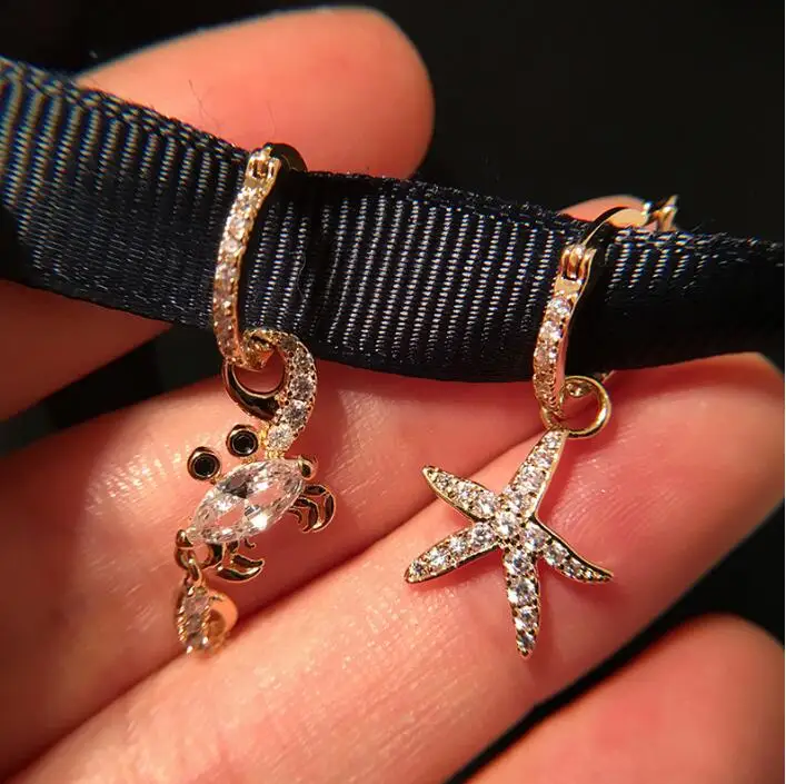 

Golden color crystal rhinestone crab starfish earring sea ocean vitality star asymmetric ear accessories