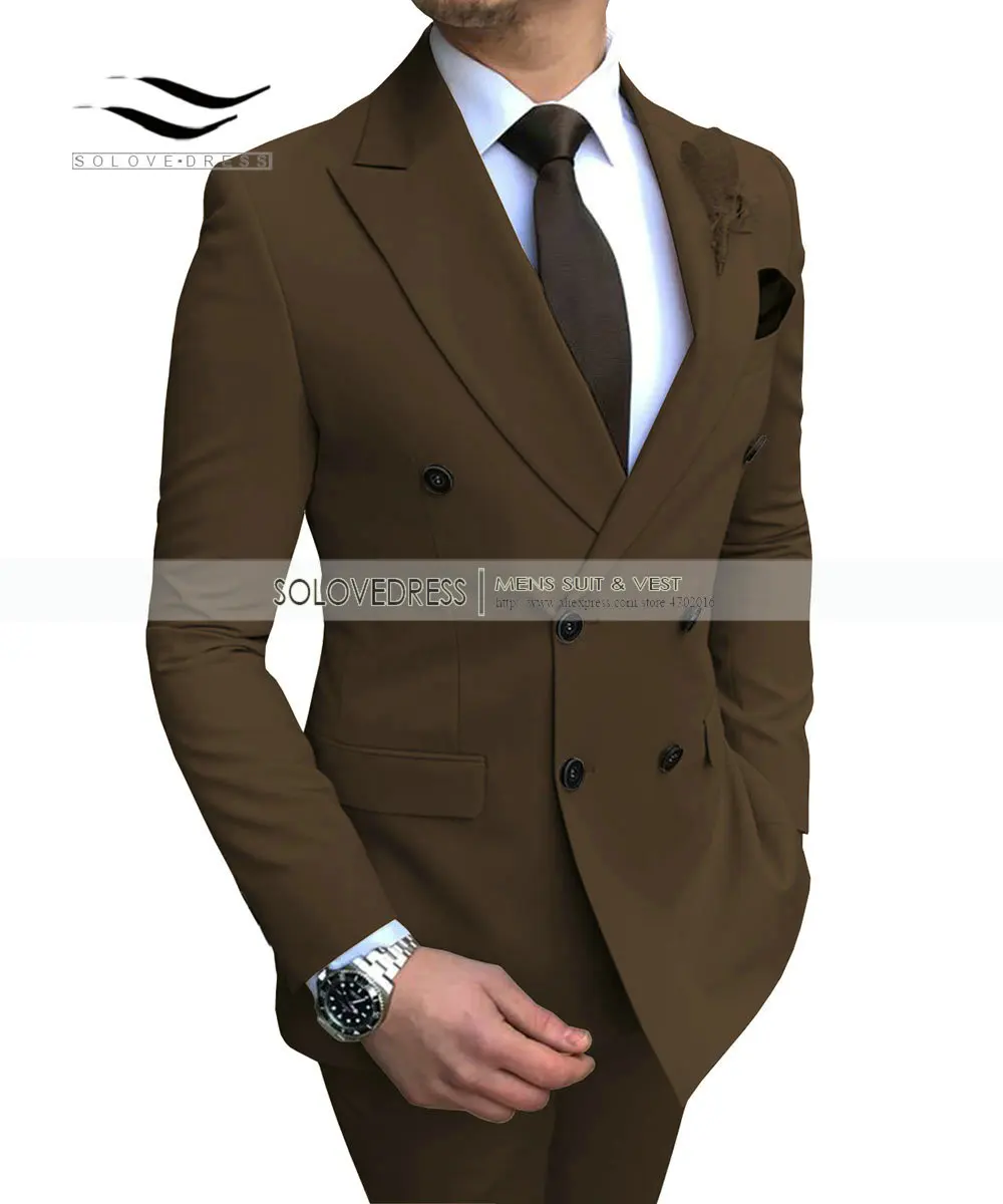 Coffee Solovedress мужской однотонный Костюм Премиум Свадебные смокинги Slim Fit 2 шт. Выпускной Блейзер жилет под смокинг и брюки бордовый двубортный - Цвет: Coffee