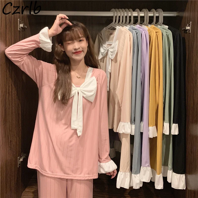 Conjunto de pijama de colores caramelo para mujer, ropa de dormir informal de princesa con cuello en V, manga larga, holgada, coreano, elegante y Retro - AliExpress Ropa interior y ropa