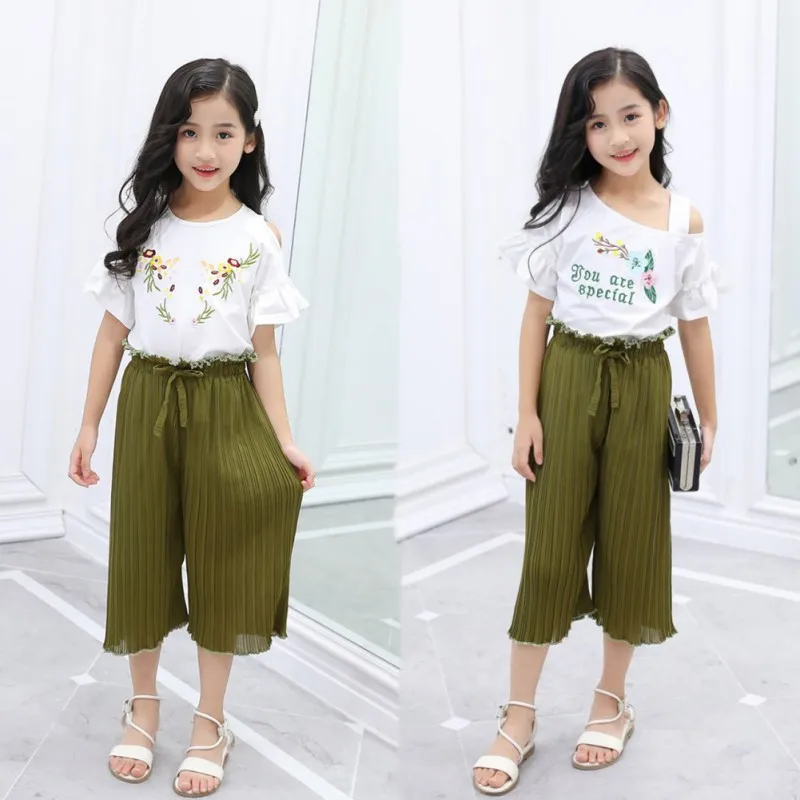 

New Summer Baby Girls clothes 2pcs Casual Flare Sleeve Floral Print T-shirt Tops+Loose Pants Suits Costume Set
