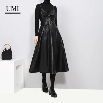 

UMI Spring New Korean Fashion Sexy Slim PU Leather Sling A-Line Black party long women bodycon Dress vintage gothic harajuku