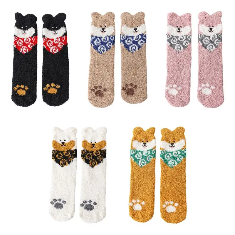 Женские зимние пушистые плюшевые носки-тапочки; милые бархатные Чулочные изделия кораллового цвета с объемными ушками собаки