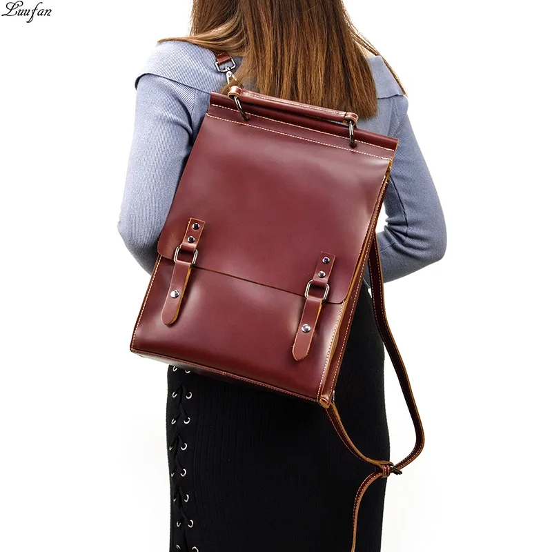 Рюкзак из натуральной кожи для мужчин и женщин, кожаный рюкзак для ноутбука, высокое качество, винтажные школьные рюкзаки для девочек crazy horse, сумки - Цвет: red brown
