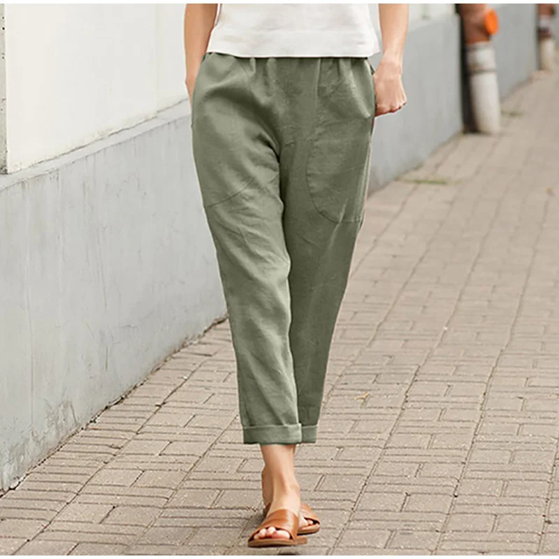 leather pants Cotton Linen Big Pocket Thin Women's Pants Solid Elastic Waist Pant For Women 2021 Summer Straight White Homewear Trousers capris