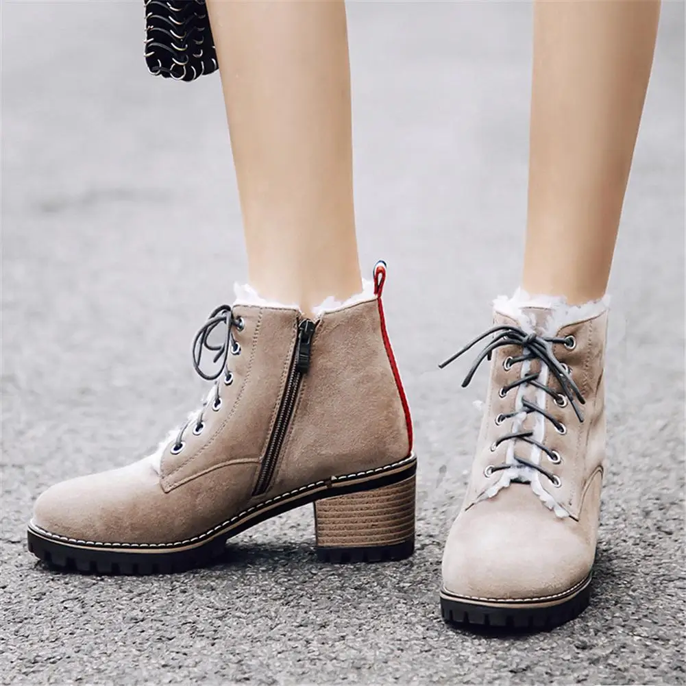 

SARAIRIS Plus Size 43 Elegant Booties Lady Shoelaces Ankle Boots Women 2019 Russia Winter Warm Fur Square Heels Shoes Woman