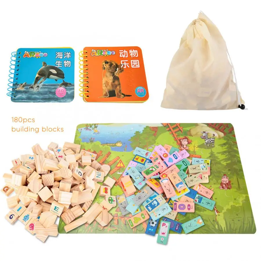 

180pcs Wooden Domino Building Blocks Cartoon Animals Blocks Baby Kids Montessori Characters Learning Intelligence Children Toy