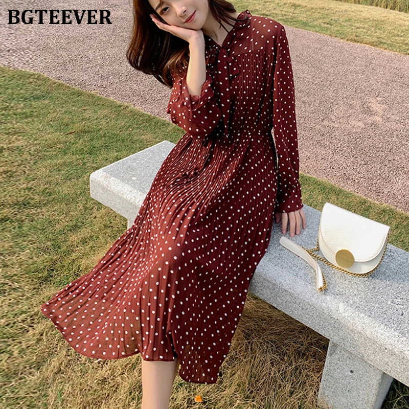 

BGTEEVER Vintage Polka Dot Pleated Dress Women Bow Neck Lace-up Slim Waist Female Chiffon Dress 2020 Spring Vestidos femme