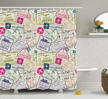 

Traveller Decor Shower Curtain Passport Visa Stamps Illustration Toronto Hong Kong Berlin Print Fabric Bathroom Decor Set