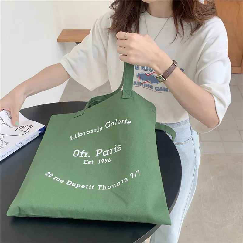 Women Canvas Shoulder Bag Paris Letters Print Shopping Bag Eco Cotton Linen Shopper Bags Cloth Fabric Handbag Tote For Girls