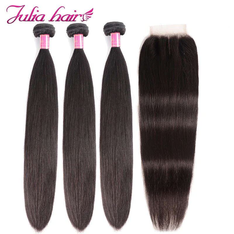 

Ali Julia Hair Malaysian Straight Human Hair Weave Bundles With Closure Free /Middle /Three Part Lace Remy Hair Extension