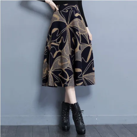 New Autumn Winter Plus Size Robe Elegant Office Wear Vintage Korean Women Skirts High Waist Bandage Wool Print Skirts FW105