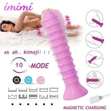 Silicone Threaded Vibrators AV Wand Dildo 10 Speed Powerful Lesbian Interactive Anal Butt Plug Vibrator G-spot Sex Toy for Women