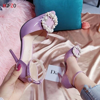

HQFZO Pointed Toe Women Pumps Ankle Strap Pearl Bridal Stiletto Heels High Heels Woman Wedding Pumps Tacones 10cm/7cm