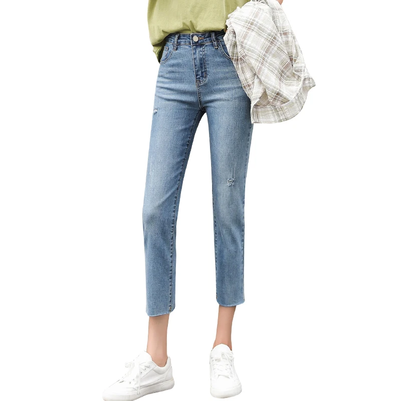 Loyalget 2019 Spring And Summer Plus Size Mid Waist Stretch Ankle length mom Jeans for Women Skinny Pants Capris Jeans Tassel