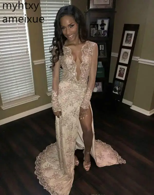 

Long Sleeves Illusion Sexy Pink Prom Dresses 2019 New African Black Girls Beaded Deep V Neck Wear Evening Party Gowns Plus Size