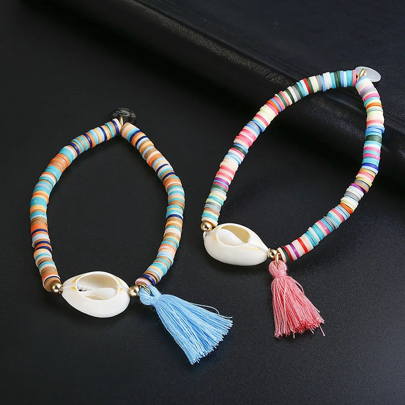 White Shell Elastic Bracelet Bohemian Colorful Polymer Clay Beaded Bracelets For Women Holiday Jewelry Seashell Beach