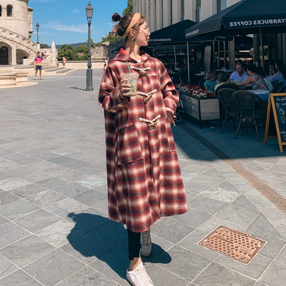 

Photo Shoot Toggle Woolen Jacket Women's 2019 Winter New Style Hipster Vintage Laziness-Style Plaid Hooded Duffle Coat