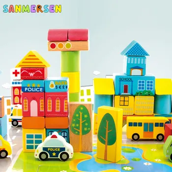 

100 Pcs Kids Colour Wooden Toys City Traffic Scenes Geometric Shape Assembled Building Blocks Early Educational Toys For Baby