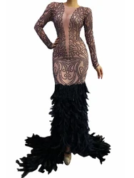 Trailing Skirt Deep V Sexy Opera Drama Dinner Host Elegant Feather Stretch Formal Evening Anniversary Festival Vestidos Stage