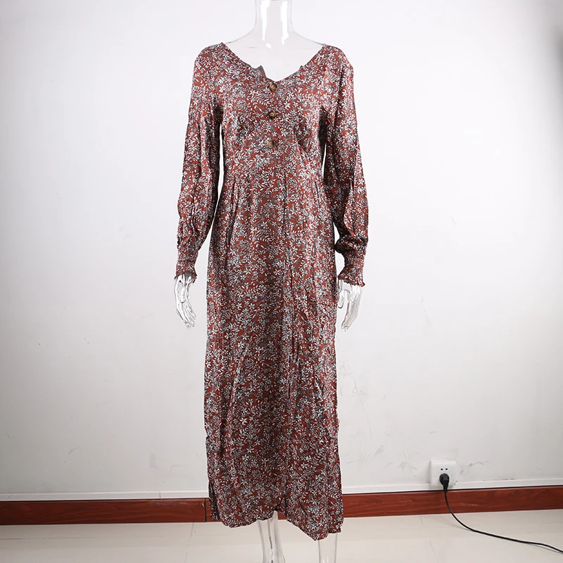 Nadafair פנס בציר שרוול חופשת Boho שמלת ארוך V צוואר אונליין גבוה מותן אלגנטי רטרו פרחוני מקסי שמלת נשים Vestidos