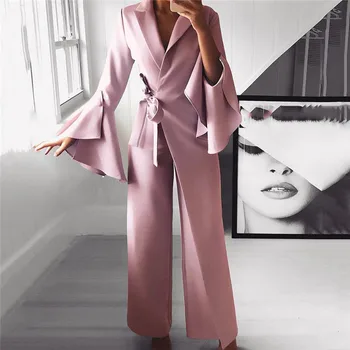 

Spring Irregular Flare Sleeve Jumpsuit For Women Fake Two Pieces Jumpsuits Female Elegant Workwear Office Lady Jumpsuits