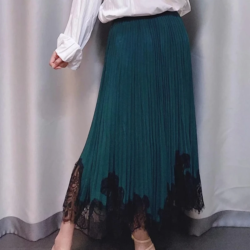 Кружевное украшение Женская прессованная плиссированная миди-юбка из шифона Осень Досуг леди свободные юбки P1391