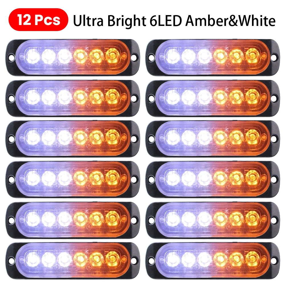 

12pcs Strobe 6 LED Light White Amber Emergency Hazard Flashing Tow Truck Waterproof