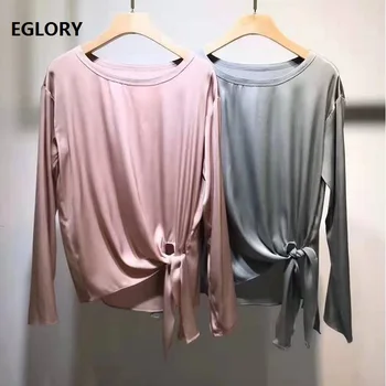 

Top Quality New 2020 Spring Summer Silk Blouses Women Bow Knot Style Long Sleeve Solid Grey Pink Tops Ladies Basic Tops Shirt