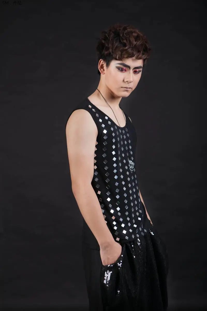 Men Mirror Costume Vest For Men Dance Costume Bar Dj Costume Bar DS GoGo Dancer Costume Male Singers Stage Wear BL2116
