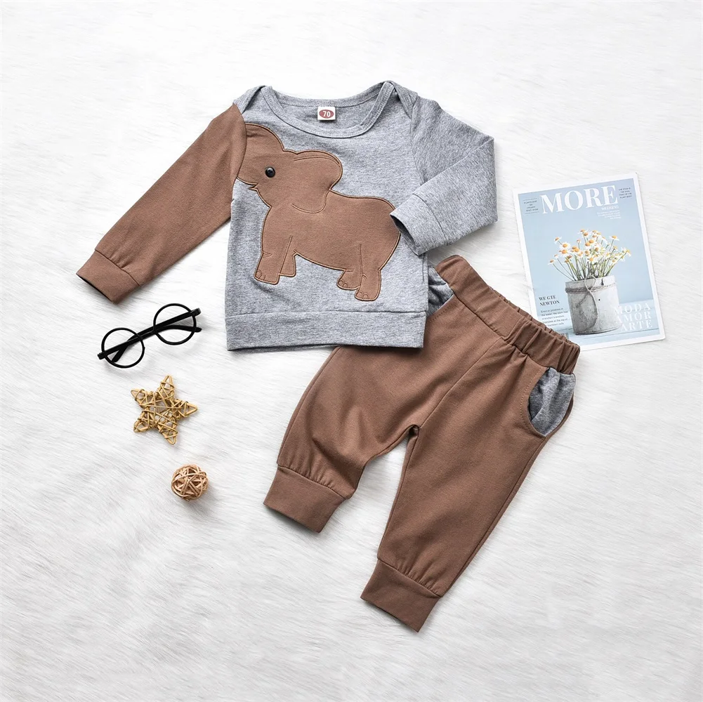 Брендовый Пуловер С Рисунком Слона для новорожденных мальчиков 0-24 месяцев, футболка, топ, длинные штаны, Весенний хлопковый спортивный костюм, комплект одежды из 2 предметов
