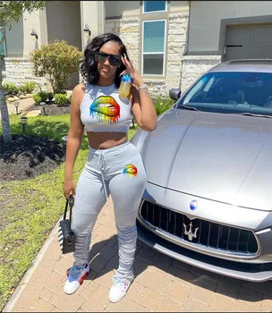 

Women Sport Lips Print 2 Piece Set Tracksuit Mini T-shirt Tops Stacked Bell Bottom Jogger Suit Sweatpants Matching Set Outfits