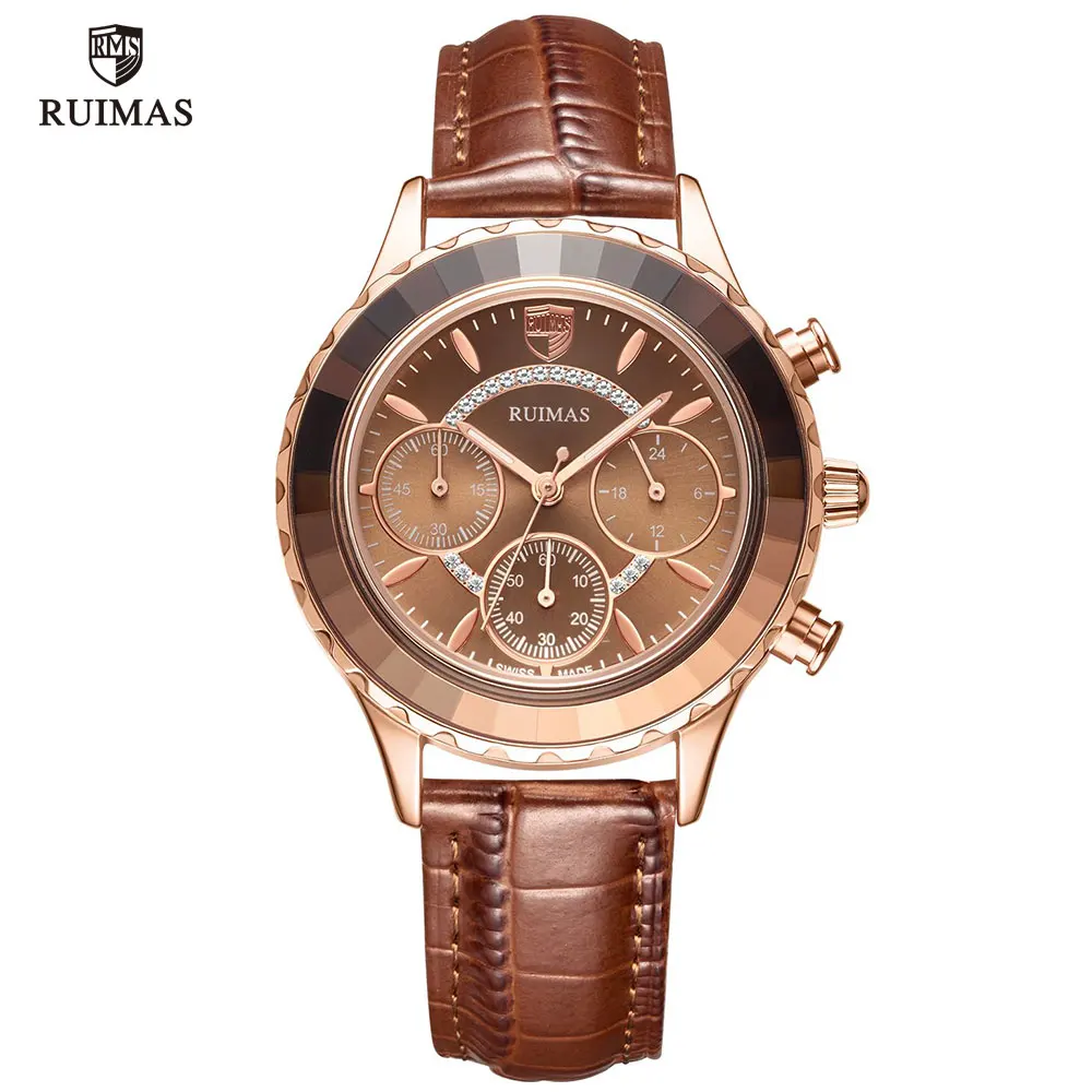 RUIMAS Women's Chronograph Quartz Watches Luxury Green Leather Wristwatch Lady Female Watch Top Brand Relogio Feminino Clock 592 - Цвет: RL592L-Brown