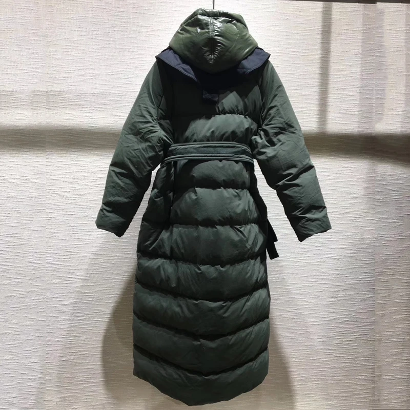 Длинное пуховое пальто для женщин, толстая зимняя верхняя одежда с капюшоном и поясом, модная пуховая теплая куртка, пальто