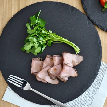 

Round Natural Black Slate Western Steak Plates Slate Dinner Plate Kitchen Cheese Pizza Flat Fruit Tray WY71507