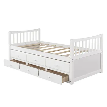 

Nordic Modern Solid Double Bed Extended Wood Bed Sliding Trundle bed with 3 Drawer Bedroom Furniture for Guest